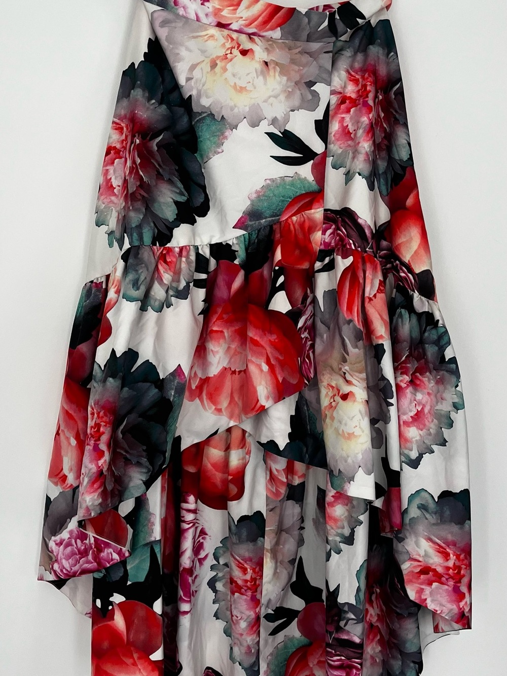 Eliza J White Asymmetrical Floral Maxi Skirt with Red & Pink Blooms